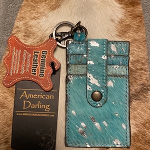 American Darling NWT Credit Card Holder Genuine Leather Turquoise Acid Wash